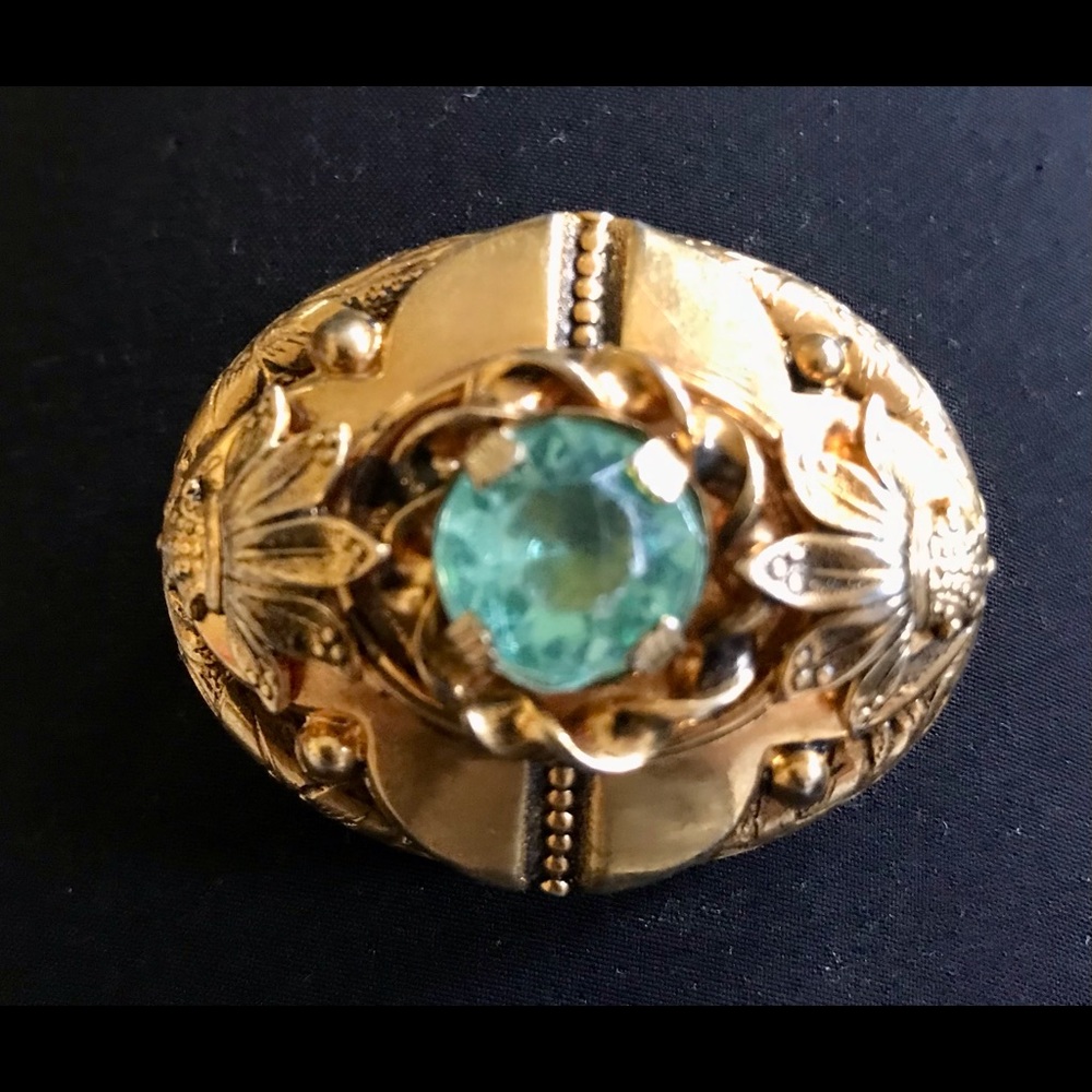 Fabulous ornate Victorian gold tone pin with teal stone